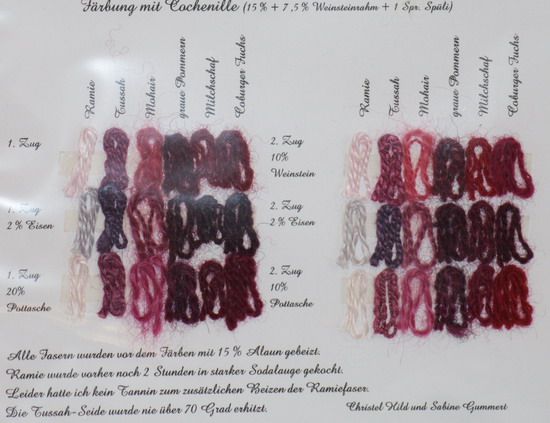 Cochenillefärbung auf Ramie, Tussahseide, Mohairwolle, Wolle vom grauen Pommernschaf, Milchschafwolle, Wolle vom Coburger Fuchs-Schaf Cochenillefärbung auf Ramie, Tussahseide, Mohairwolle, Wolle vom grauen Pommernschaf, Milchschafwolle, Wolle vom Coburger Fuchs-Schaf