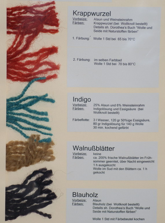Färbung auf Wolle vom Milchschaf mit Krapp (Rubia tinctorum), Indigo (Indigofera tinctoria), Walnuss (Juglans regia), Blauholz (Haematoxylum campechianum) Färbung auf Wolle vom Milchschaf mit Krapp (Rubia tinctorum), Indigo (Indigofera tinctoria), Walnuss (Juglnas regia), Blauholz (Haematoxylum campechianum)